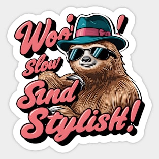 Woo! Slow and Stylish Sloth 2D Flat Illustration T-Shirt Design - Retro Pop Art Sticker